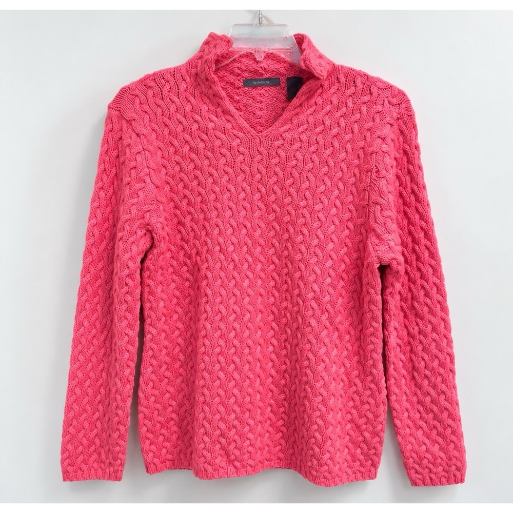 Liz Claiborne Womens XL Coral Pink Cable Knit Collared V Neck Pullover Sweater